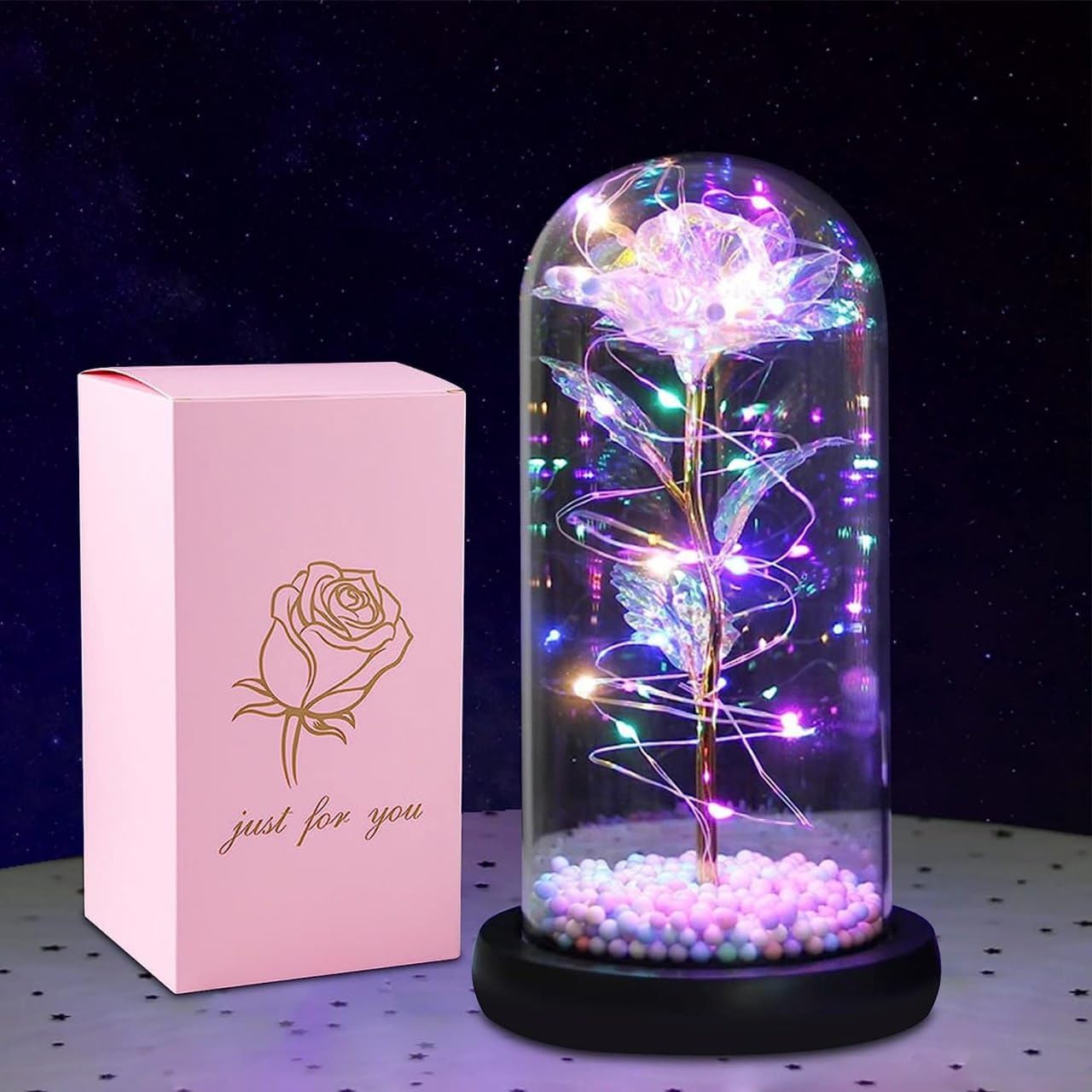 Artificial Colorful Flower Rose Gift LED Light in Galaxy Rose Glass Dome – A Timeless Gift of Love