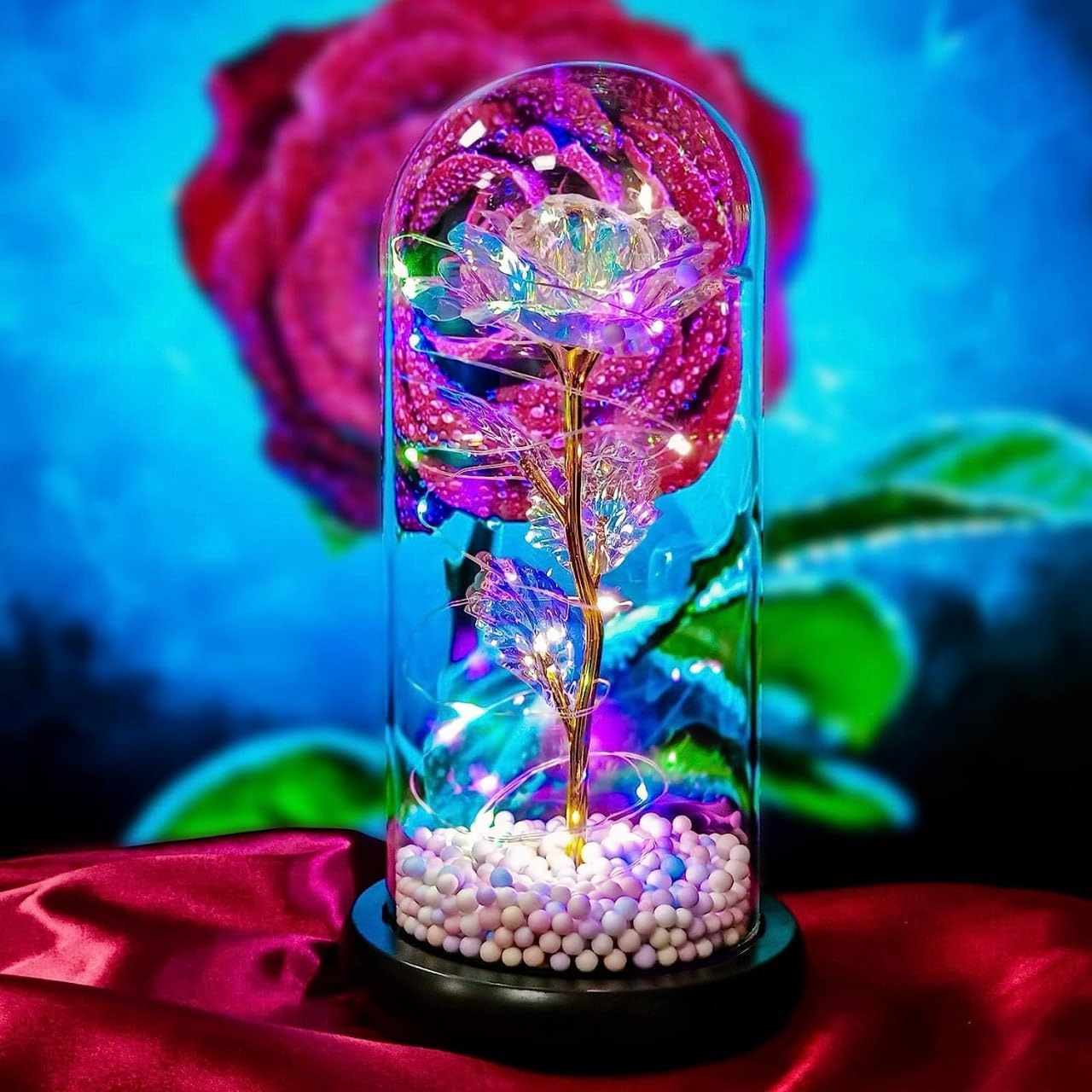 Artificial Colorful Flower Rose Gift LED Light in Galaxy Rose Glass Dome – A Timeless Gift of Love